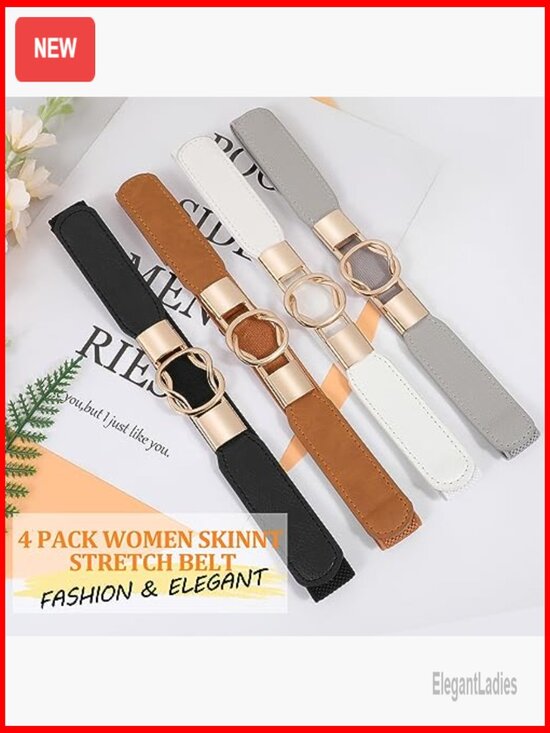 Stretch Skinny Belt with Gold Buckle Set of 4 for Dresses main image 4